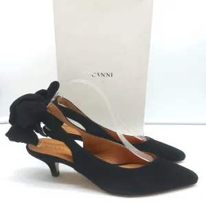 GANNI Sabine Bow Slingback Pumps Black Suede Size 39 Pointed Toe Kitten Heels