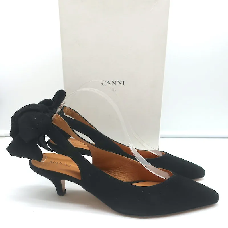 GANNI Sabine Bow Slingback Pumps Black Suede Size 39 Pointed Toe Kitten Heels