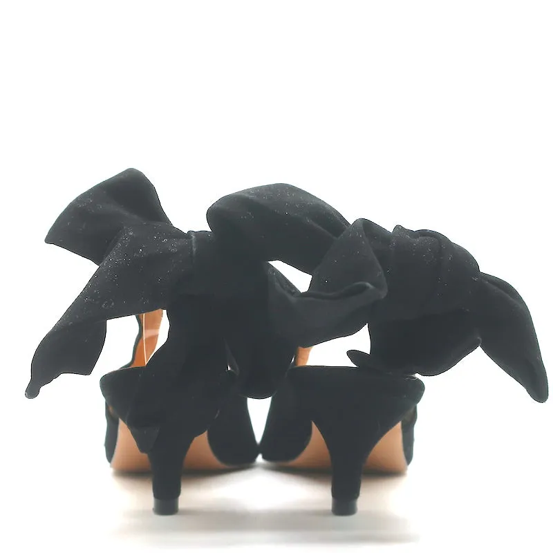GANNI Sabine Bow Slingback Pumps Black Suede Size 39 Pointed Toe Kitten Heels