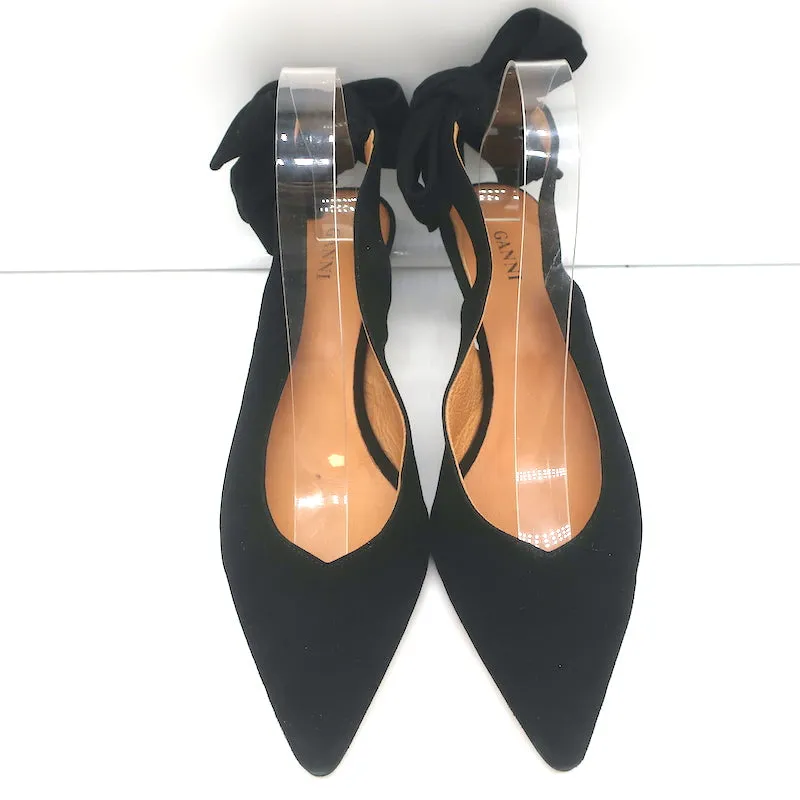 GANNI Sabine Bow Slingback Pumps Black Suede Size 39 Pointed Toe Kitten Heels