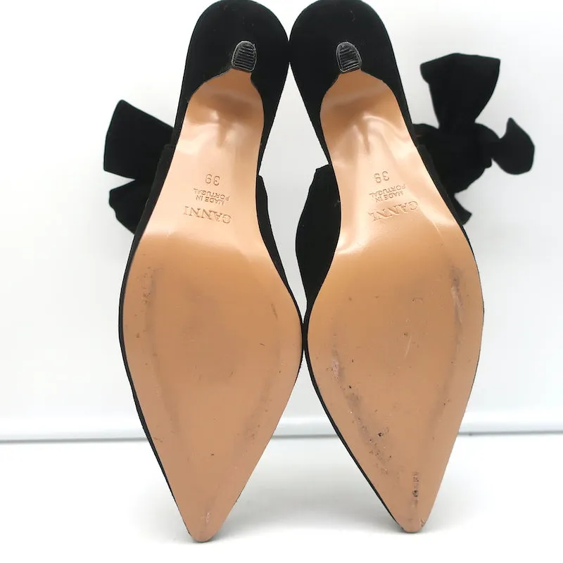GANNI Sabine Bow Slingback Pumps Black Suede Size 39 Pointed Toe Kitten Heels