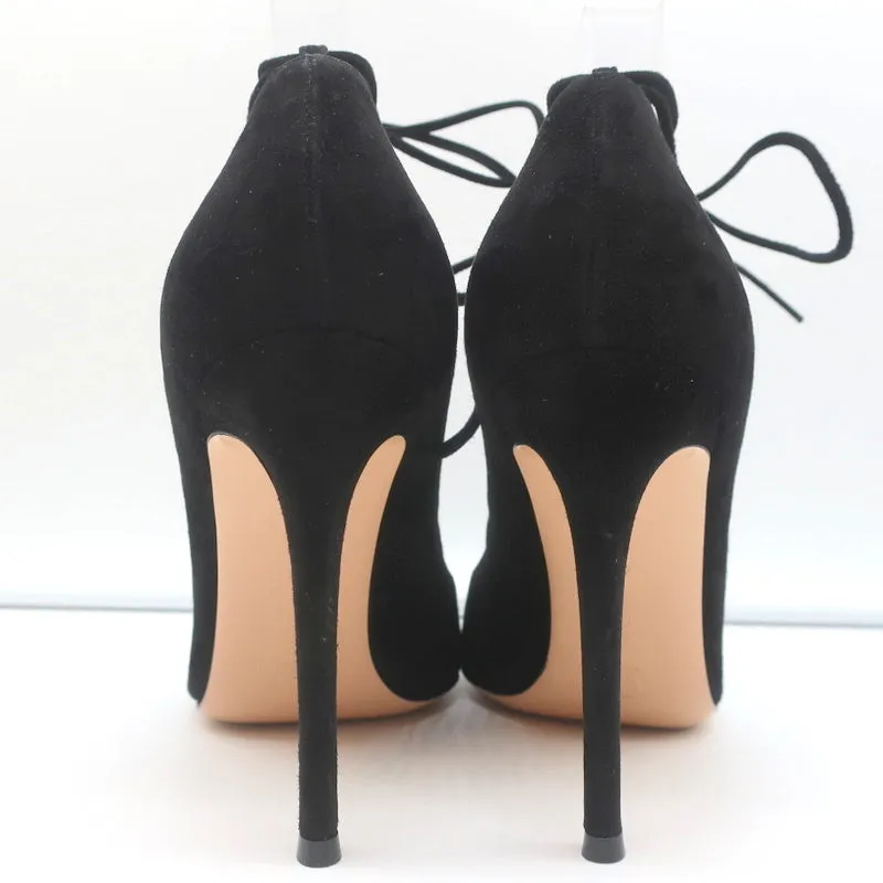 Gianvito Rossi Femi Lace-Up Pumps Black Suede Size 39 Pointed Toe Heels