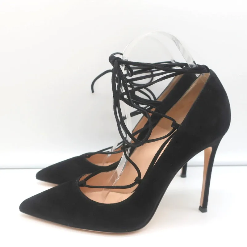 Gianvito Rossi Femi Lace-Up Pumps Black Suede Size 39 Pointed Toe Heels