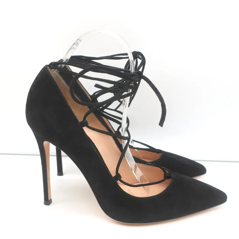 Gianvito Rossi Femi Lace-Up Pumps Black Suede Size 39 Pointed Toe Heels