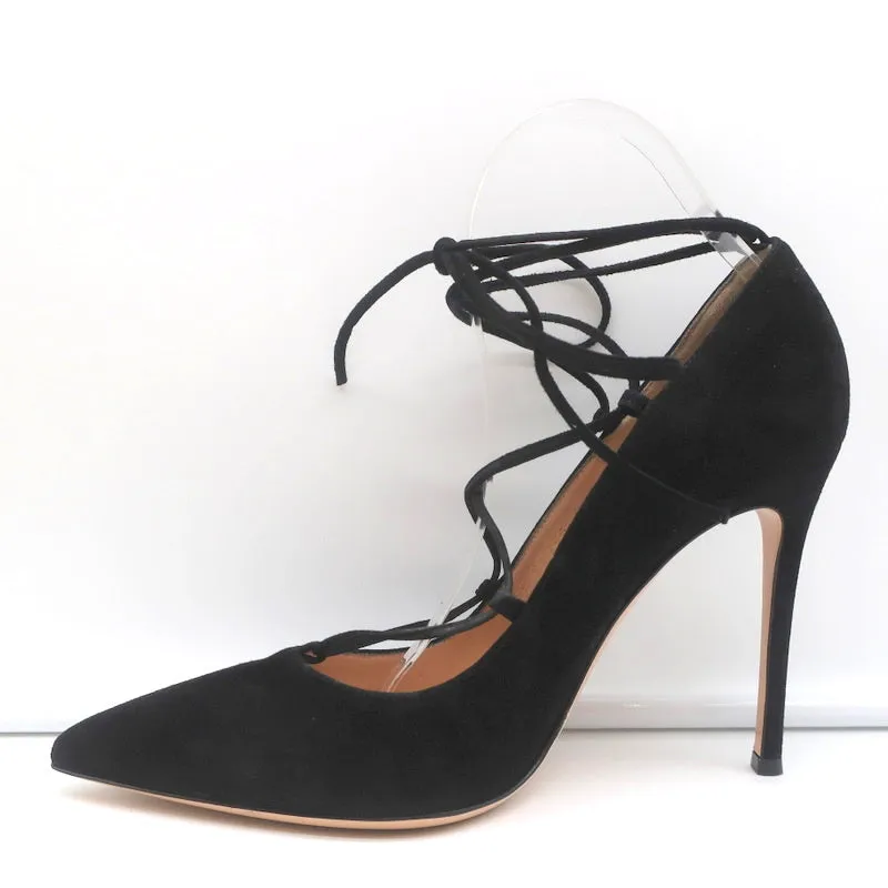 Gianvito Rossi Femi Lace-Up Pumps Black Suede Size 39 Pointed Toe Heels