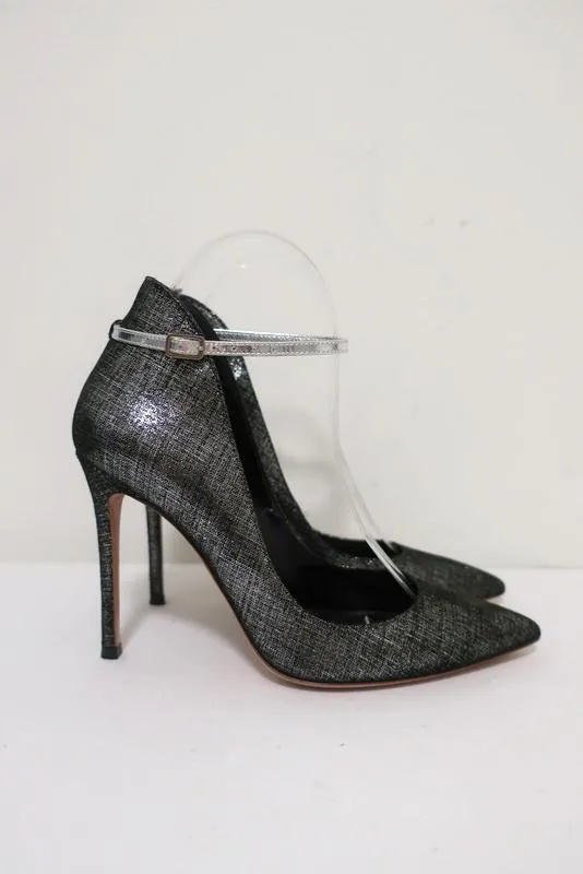 Gianvito Rossi High-Back Ankle Strap Pumps Black/Silver Metallic Suede Size 36.5