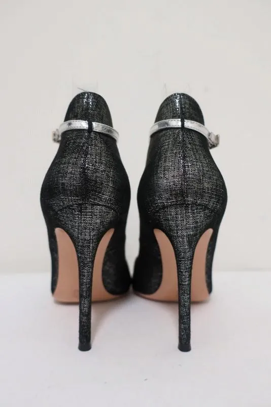 Gianvito Rossi High-Back Ankle Strap Pumps Black/Silver Metallic Suede Size 36.5