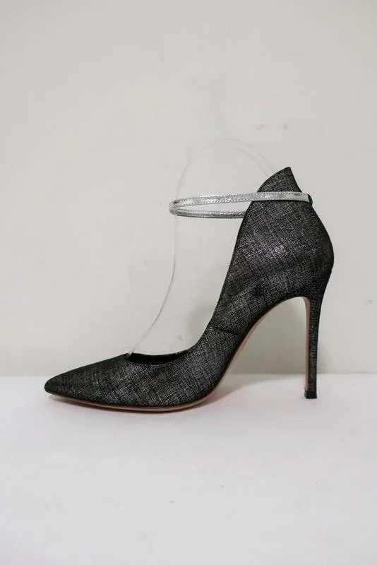 Gianvito Rossi High-Back Ankle Strap Pumps Black/Silver Metallic Suede Size 36.5