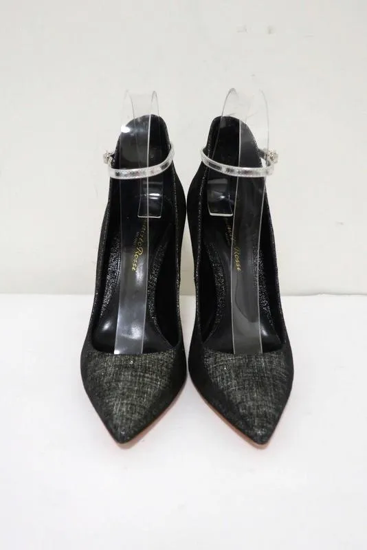 Gianvito Rossi High-Back Ankle Strap Pumps Black/Silver Metallic Suede Size 36.5