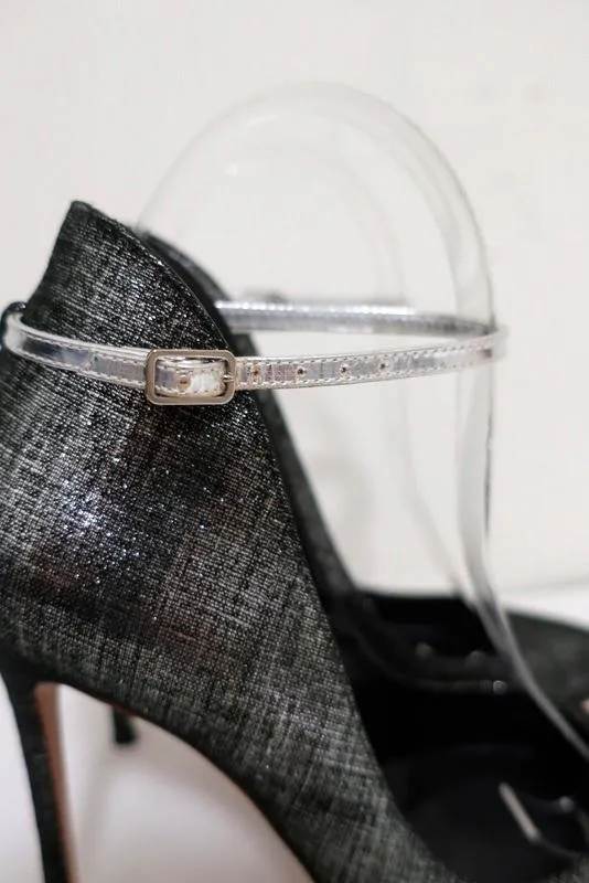 Gianvito Rossi High-Back Ankle Strap Pumps Black/Silver Metallic Suede Size 36.5