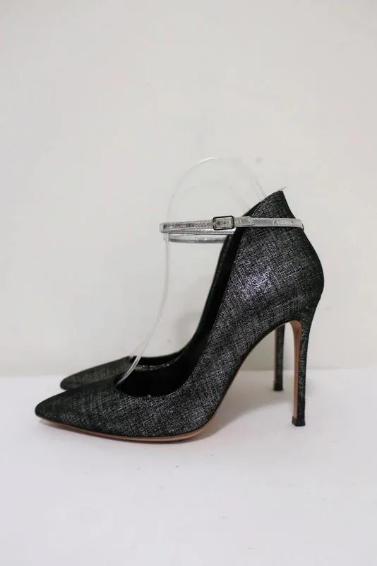 Gianvito Rossi High-Back Ankle Strap Pumps Black/Silver Metallic Suede Size 36.5