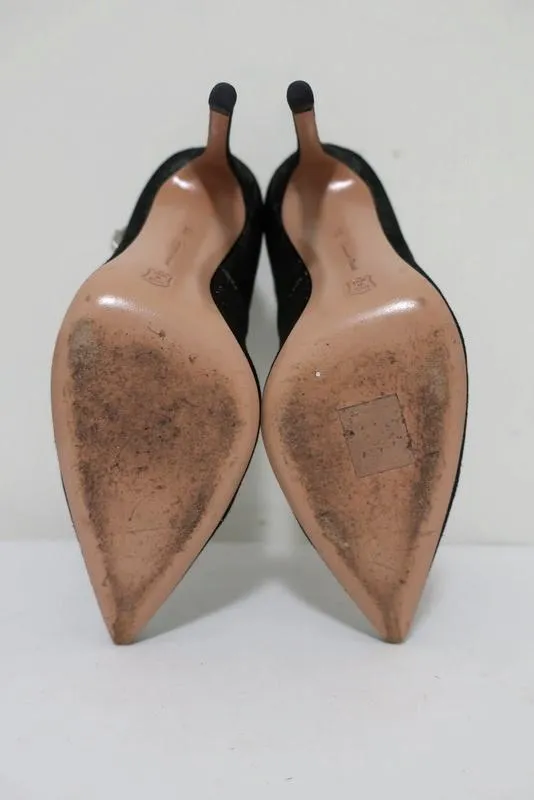 Gianvito Rossi High-Back Ankle Strap Pumps Black/Silver Metallic Suede Size 36.5
