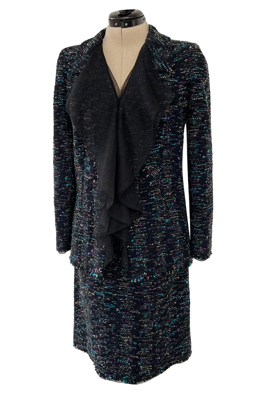 Gorgeous Fall 2000 Chanel by Karl Lagerfeld Haute Couture Ruffled Three Piece Boucle Runway Suit