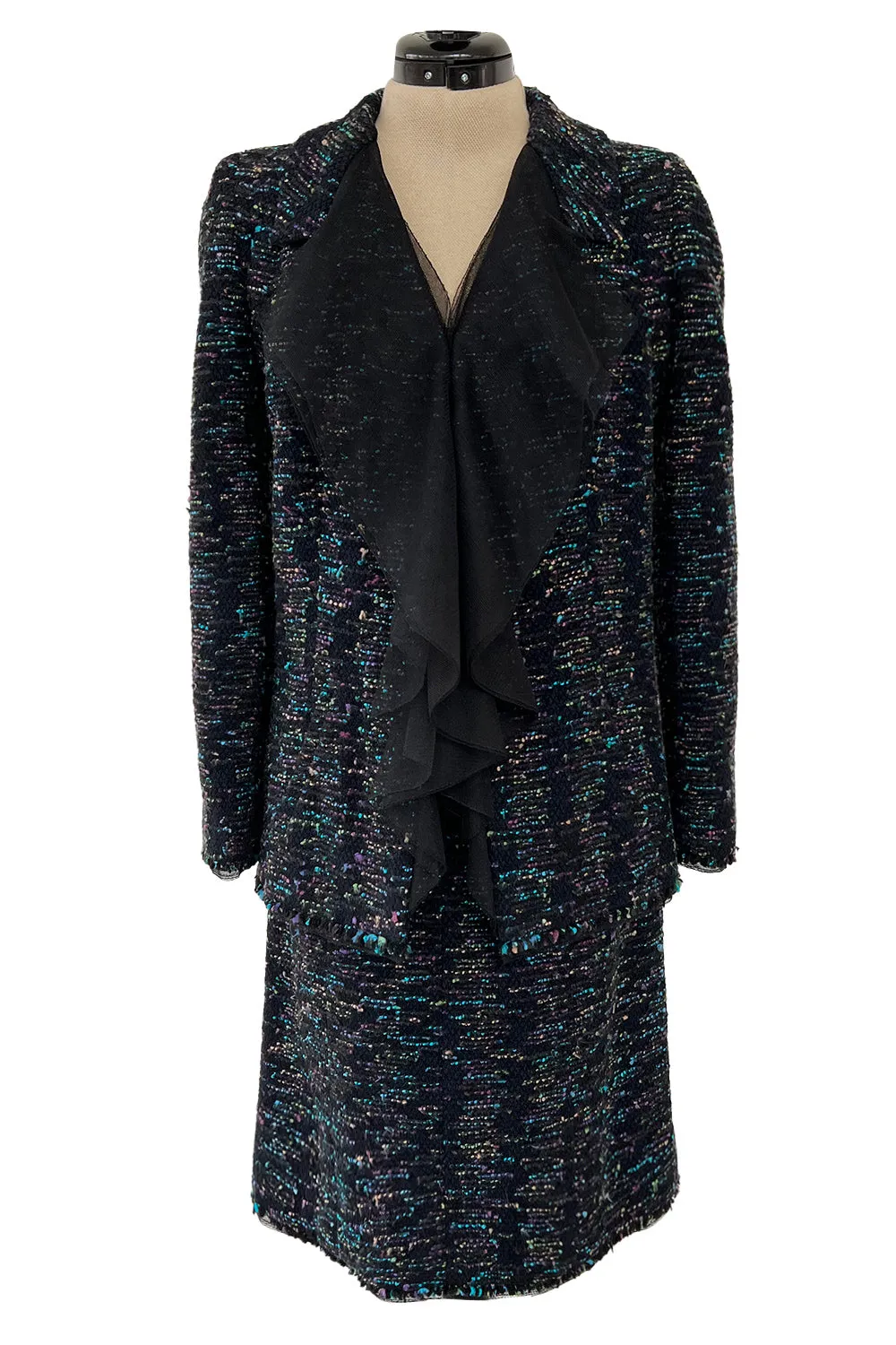 Gorgeous Fall 2000 Chanel by Karl Lagerfeld Haute Couture Ruffled Three Piece Boucle Runway Suit