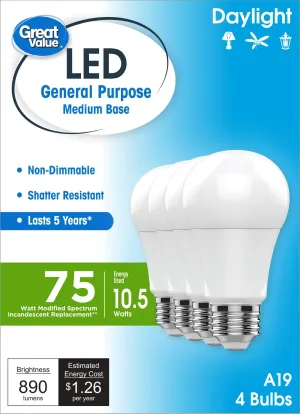 Great Value LED Light Bulbs, 75 Watts Eqv, Soft White, A19 General Purpose 4pk