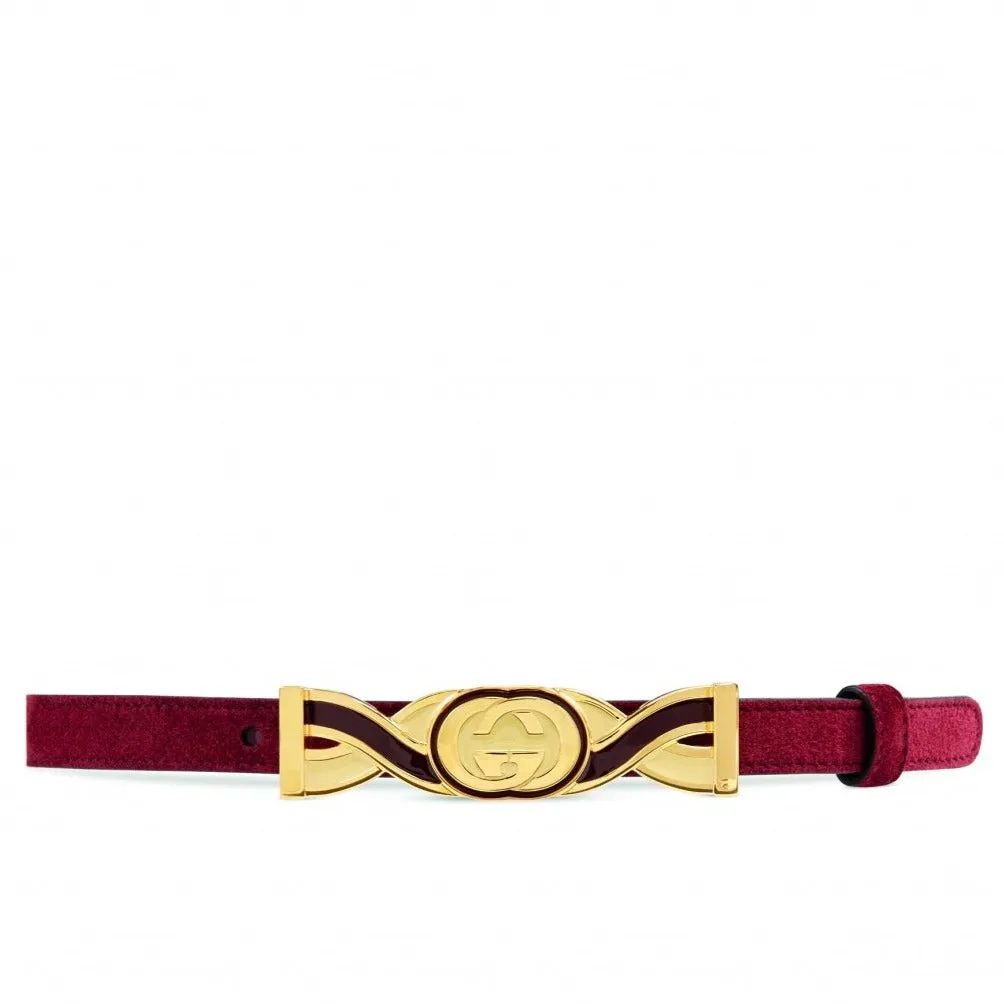 Gucci Interlocking-G Buckle Skinny Suede Belt in Burgundy