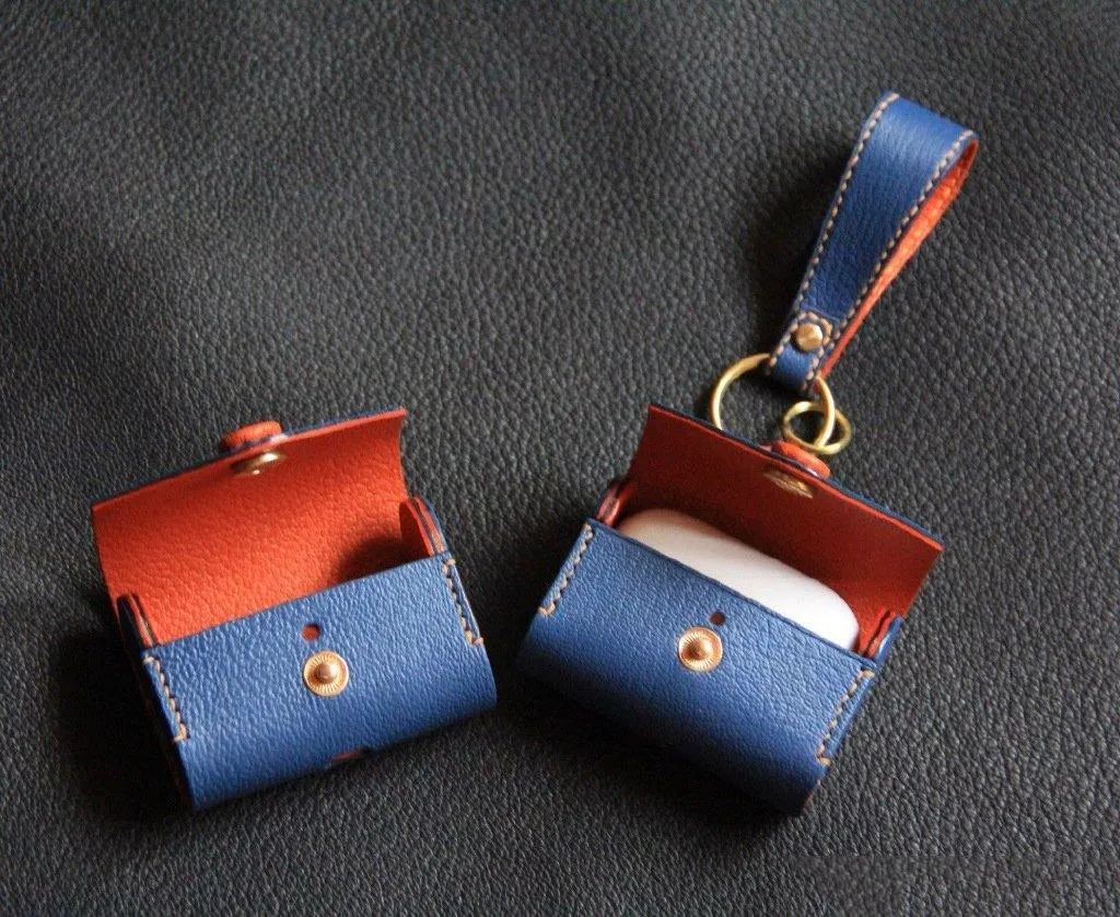 Handmade Navy Leather AirPods Case with Keyring Leather AirPods Case Airpod Case Cover