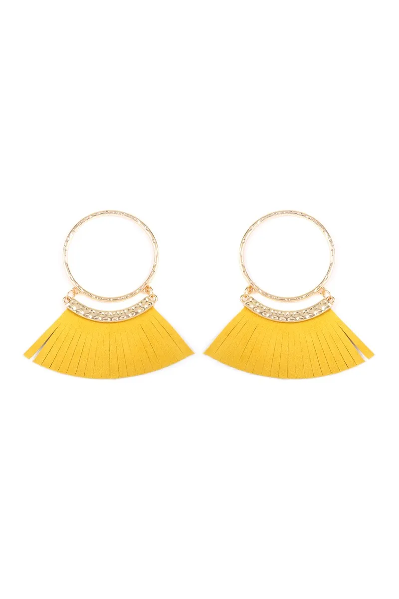 HOOP WITH DANGLING FRINGE LEATHER EARRINGS