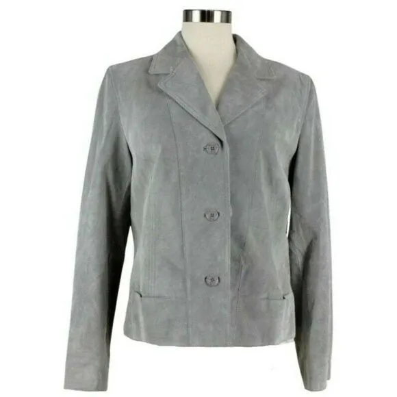 i.e.Leather Jacket Gray Suede Notched Lapel Button Front Open Pocket Lined Sz LP