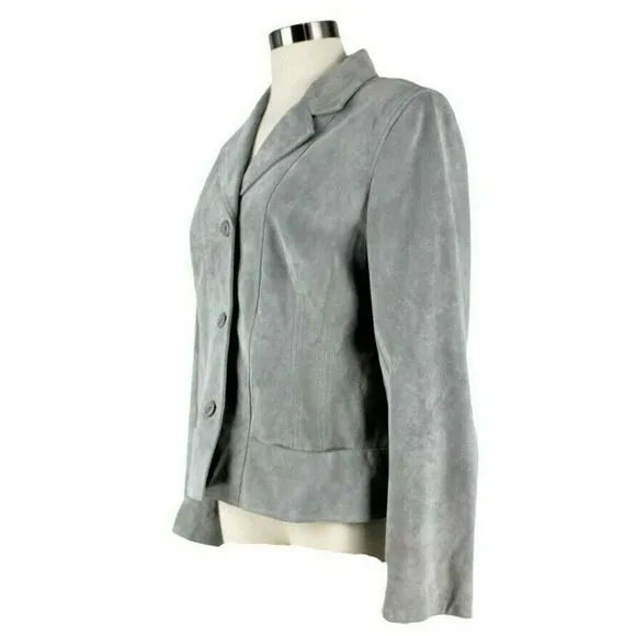 i.e.Leather Jacket Gray Suede Notched Lapel Button Front Open Pocket Lined Sz LP