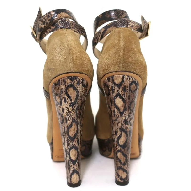 Jimmy Choo Platform Pumps Brown Suede & Snakeskin Size 37 Crisscross Ankle Strap