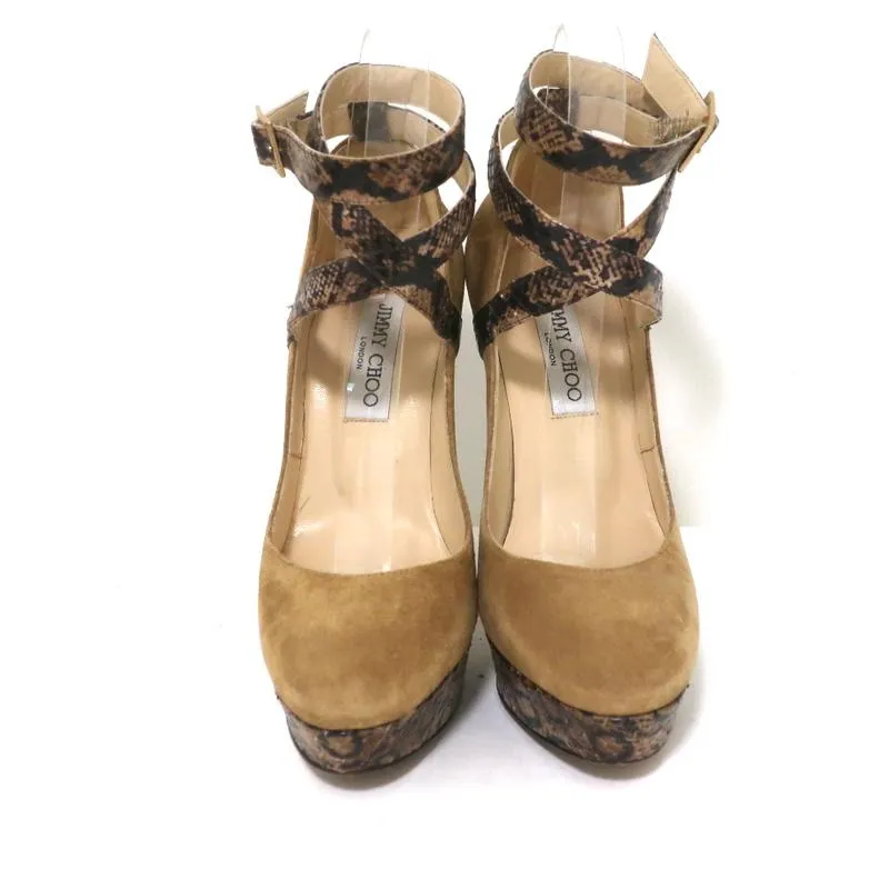 Jimmy Choo Platform Pumps Brown Suede & Snakeskin Size 37 Crisscross Ankle Strap