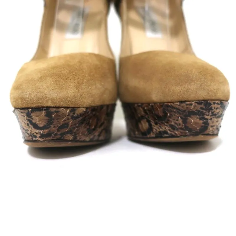 Jimmy Choo Platform Pumps Brown Suede & Snakeskin Size 37 Crisscross Ankle Strap