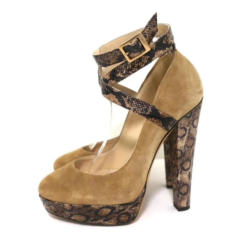 Jimmy Choo Platform Pumps Brown Suede & Snakeskin Size 37 Crisscross Ankle Strap