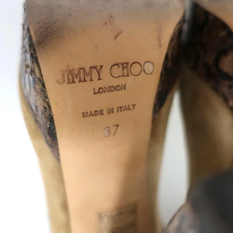 Jimmy Choo Platform Pumps Brown Suede & Snakeskin Size 37 Crisscross Ankle Strap