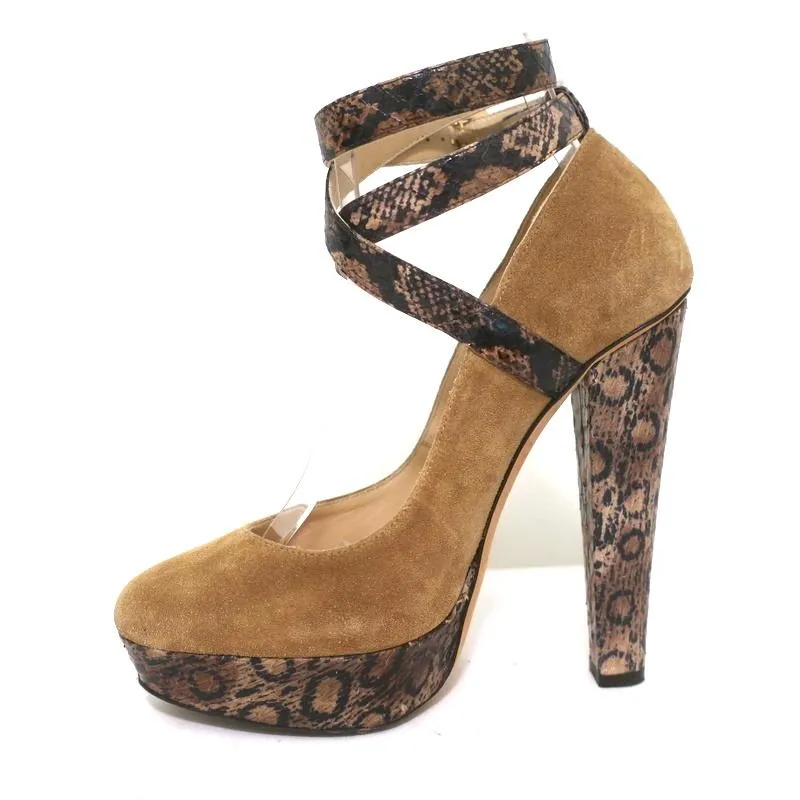 Jimmy Choo Platform Pumps Brown Suede & Snakeskin Size 37 Crisscross Ankle Strap