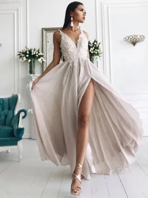 Light Champagne V Neck Floor Length Appliques Prom Dresses with Split Evening Dresses
