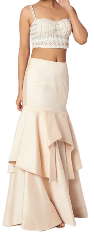 Light Peach Beaded Corset Fanned Lehenga