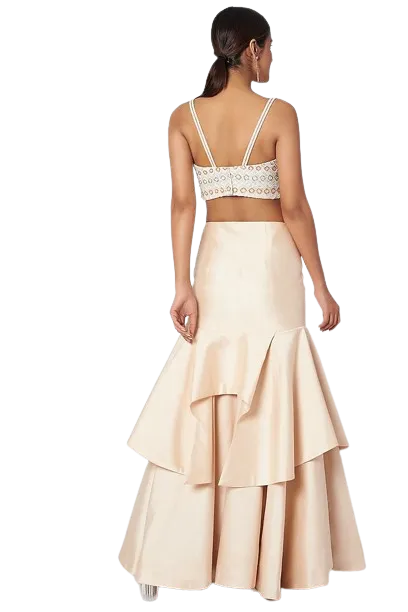 Light Peach Beaded Corset Fanned Lehenga