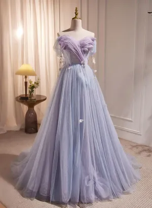Light Purple Beaded Off Shoulder Long Tulle Formal Dress, Light Purple Prom Dress