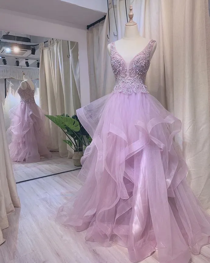 Light Purple Tulle Beaded Layers Floor Length Formal Gown, Long Purple Evening Dress Prom Dress