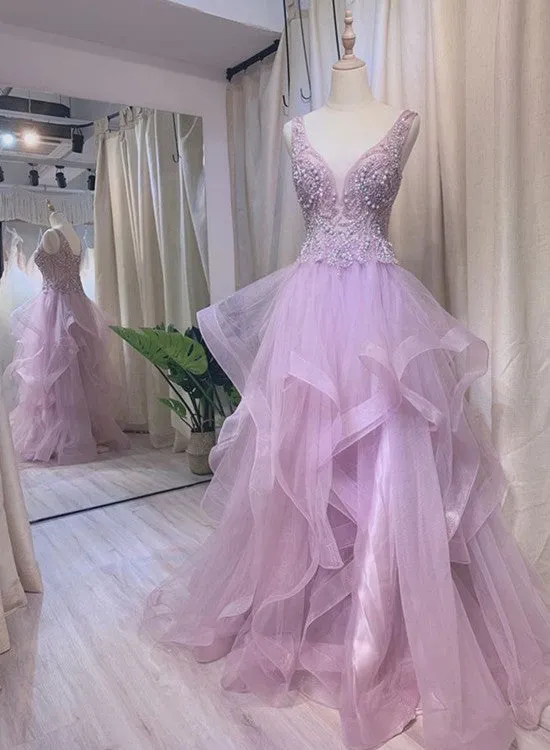 Light Purple Tulle Beaded Layers Floor Length Formal Gown, Long Purple Evening Dress Prom Dress