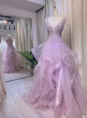 Light Purple Tulle Beaded Layers Floor Length Formal Gown, Long Purple Evening Dress Prom Dress