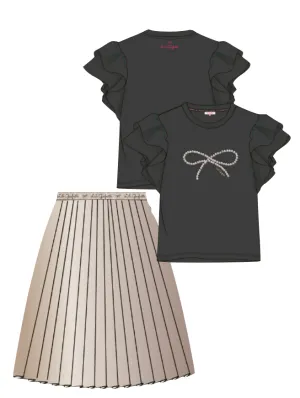 Lili Gaufrette Black Bow Tee-Shirt and Light Gold Satin Pleated Skirt Set In Stock Now