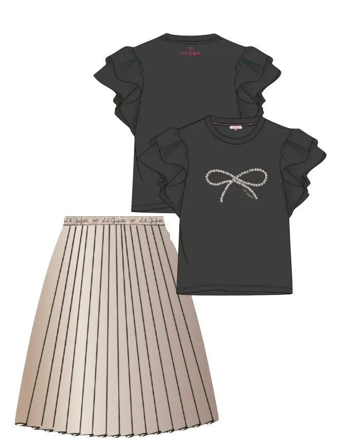 Lili Gaufrette Black Bow Tee-Shirt and Light Gold Satin Pleated Skirt Set In Stock Now