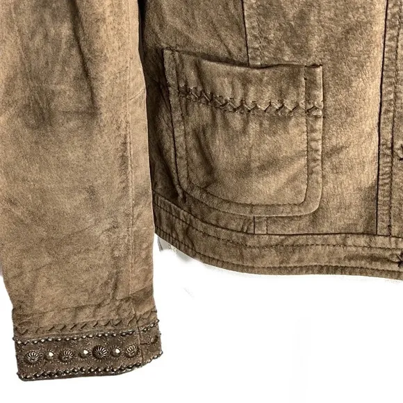 Liz Claiborne Womens Jacket Coat Brown Snap Lined Embellished Crew Suede size 4.