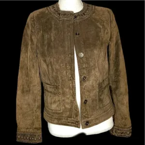 Liz Claiborne Womens Jacket Coat Brown Snap Lined Embellished Crew Suede size 4.