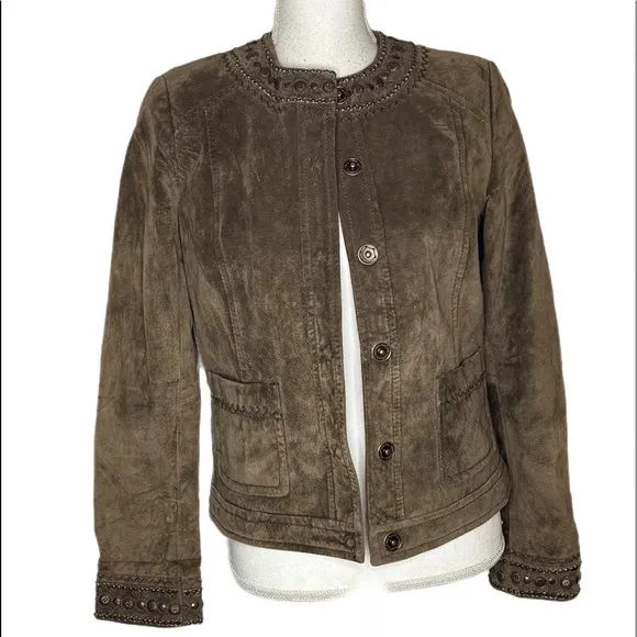 Liz Claiborne Womens Jacket Coat Brown Snap Lined Embellished Crew Suede size 4.