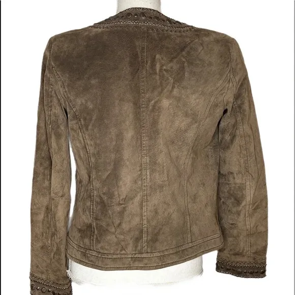 Liz Claiborne Womens Jacket Coat Brown Snap Lined Embellished Crew Suede size 4.