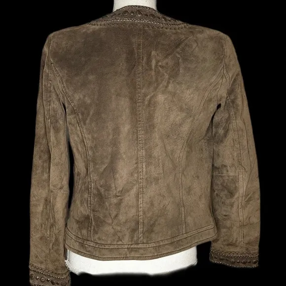 Liz Claiborne Womens Jacket Coat Brown Snap Lined Embellished Crew Suede size 4.