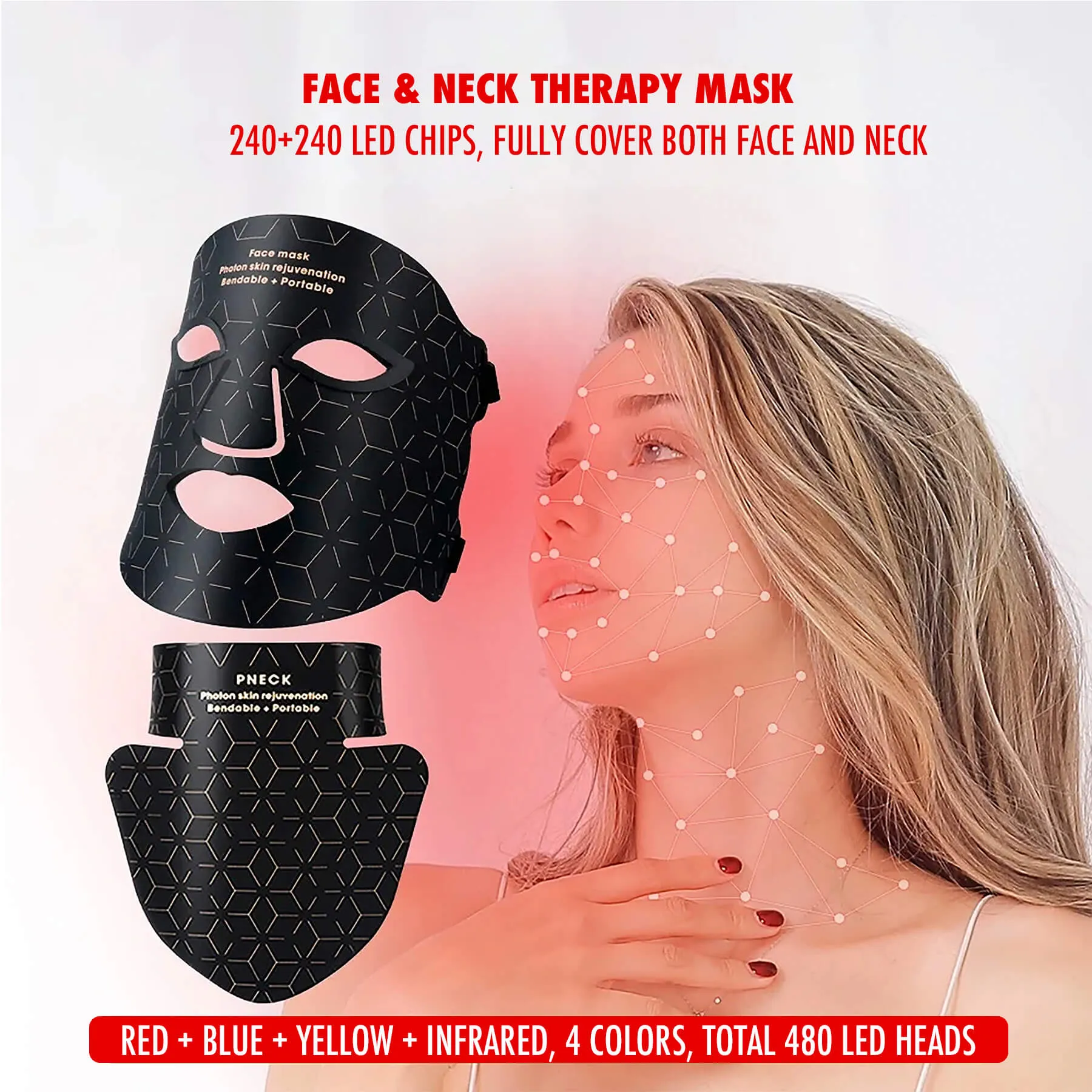 Lukirch® 3D LED Infrared Red Iight Therapy Face Neck Silicone Mask, 4 Colors