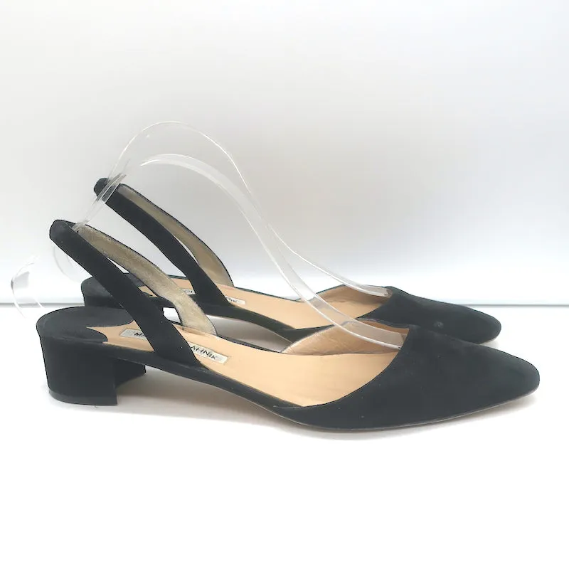 Manolo Blahnik Aspro Slingback Pumps Black Suede Size 42 Pointed Toe Block Heel