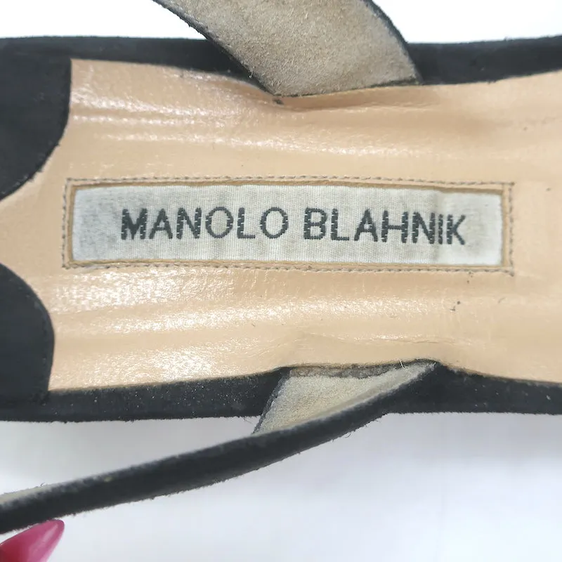 Manolo Blahnik Aspro Slingback Pumps Black Suede Size 42 Pointed Toe Block Heel