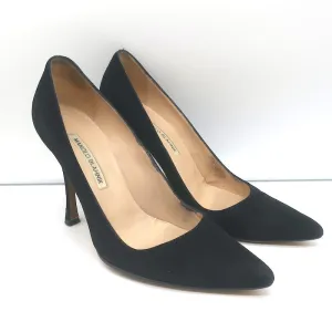 Manolo Blahnik BB 100 Pumps Black Suede Size 38 Pointed Toe Heels