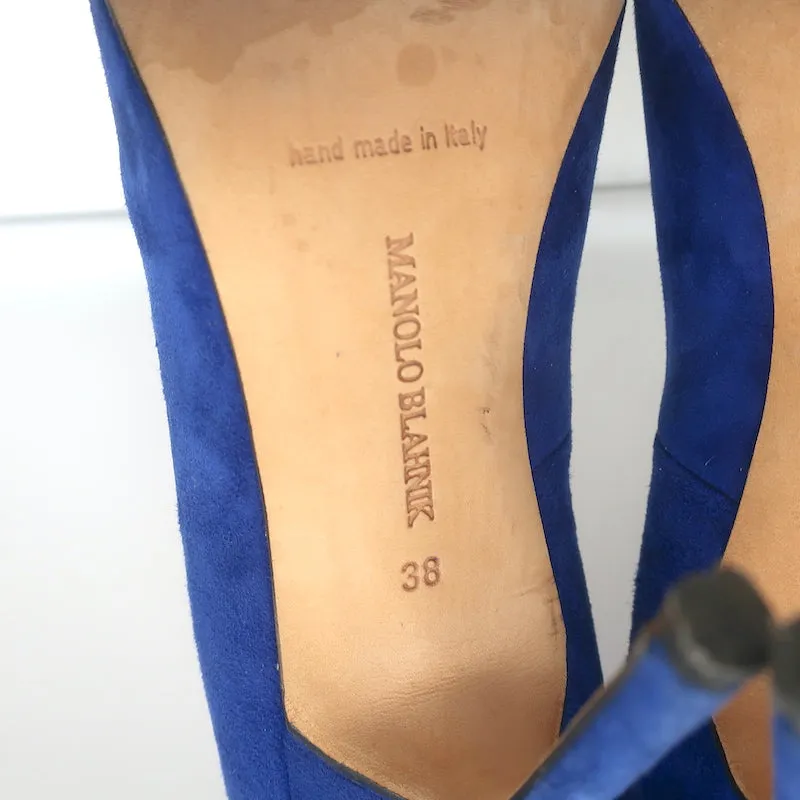 Manolo Blahnik BB 105 Pumps Blue Suede Size 38 Pointed Toe Heels