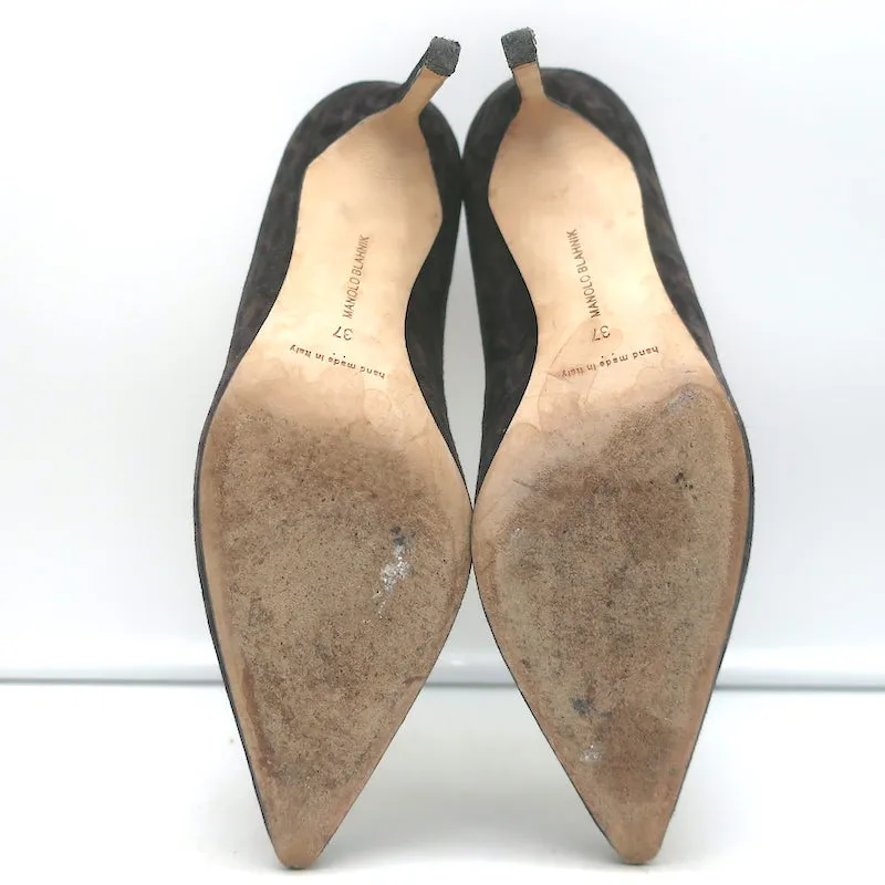Manolo Blahnik BB 90 Pumps Gray Leopard Print Suede Size 37 Pointed Toe Heels